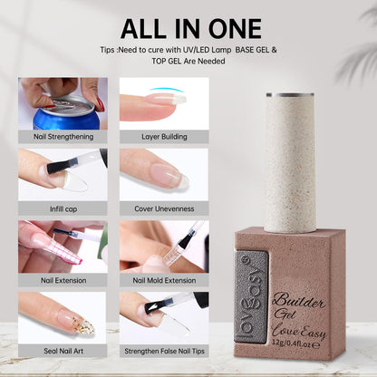 Love easy Clear Builder Gel for Nails, Soft Polish Thickness Strengthener Extender Apex Fast Leveling 28+ Days Chip Resistance Hypoallergenic & Odorless for Thin Weak (U V Nail Lamp Needed, pH 6.8)