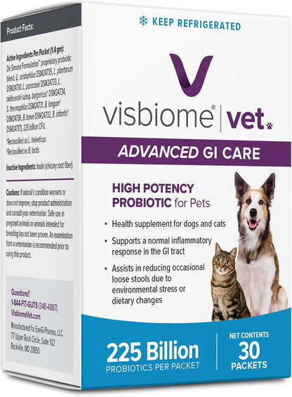 Visbiome® Vet Advanced GI Care Probiotic for Dogs & Cats, 225B CFU, 30 ct | Veterinarian Recommended, De Simone Formulation®, Multi-Strain, Refrigerated Probiotics, Weight-Based Dosing, Made in USA