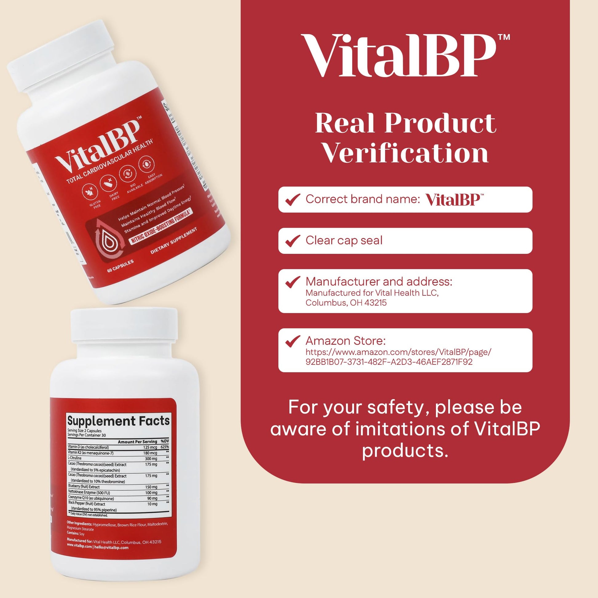 Vital BP - Support for Normal Blood Pressure - Supports Blood Flow & Arteries - with CoQ10, L-Citrulline, and K2 & D3-60 Capsules VitalBPBuy Supplements Australia