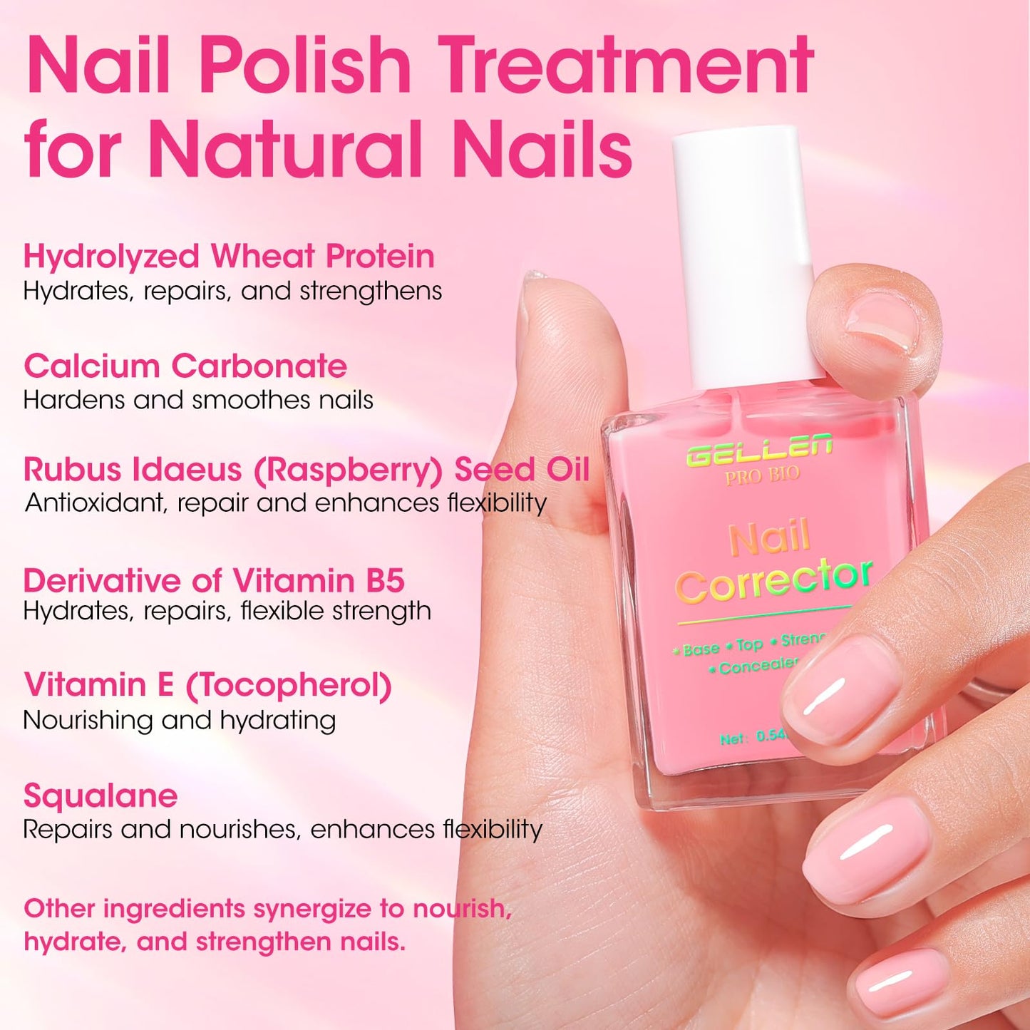GELLEN PRO BIO Nail Strengthener and Growth, Clear Tinted Pink 5-In-1 One Stop Nail Polish Corrector Treatment | Fortify, Hydrate, Conceal, Smooth, Repair for Damaged, Dry, Uneven, Yellow Nails