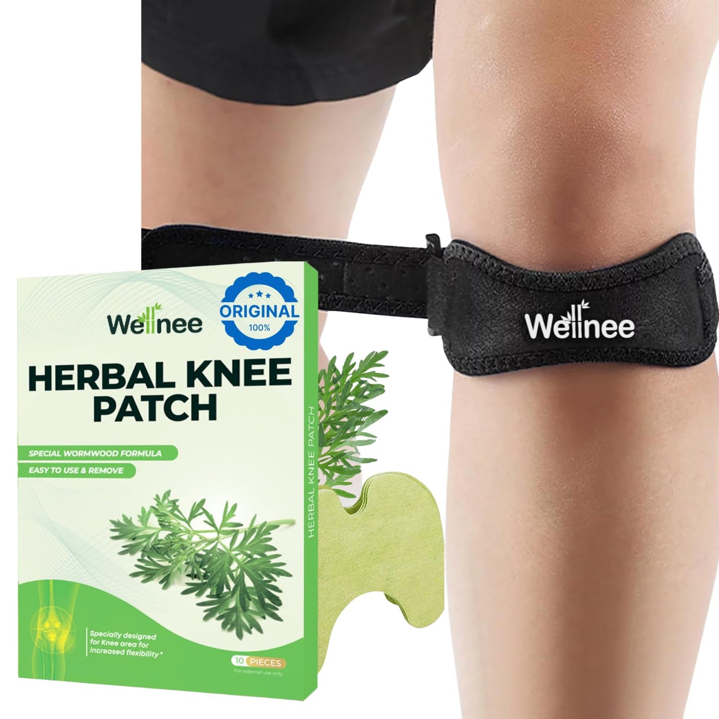 Wellnee Knee Support Bundle – Adjustable Patella Knee Strap + Herbal Knee Patches for Everyday Comfort, Activity & Recovery (1 Strap + 10 Patches)