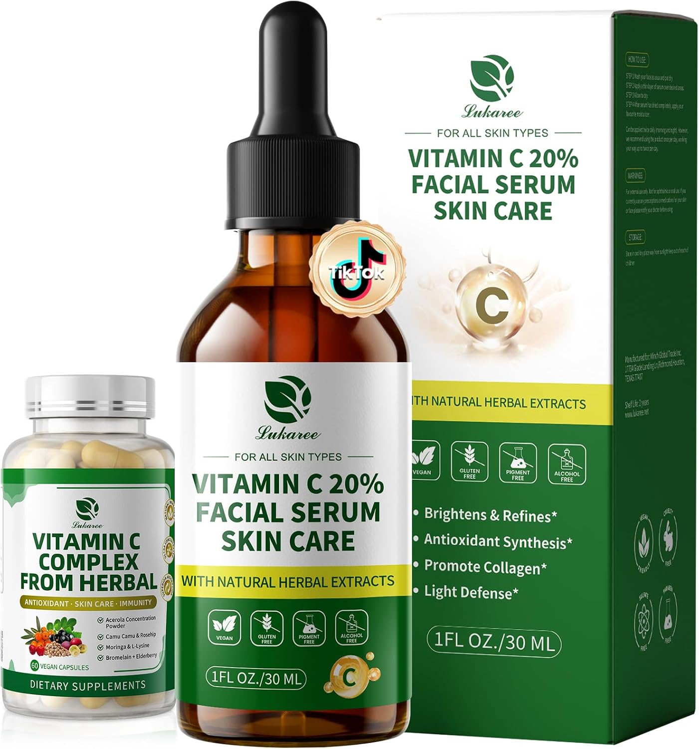 Lukaree Vitamin C Serum for Face, Dark Spots, Fine Lines & Support Collagen | Vitamin C Serum 20% Brightening Face Serum with Sodium Hyaluronate - All Skin Types, Plus Vit C Caps, 1 Fl Oz + 60 Caps