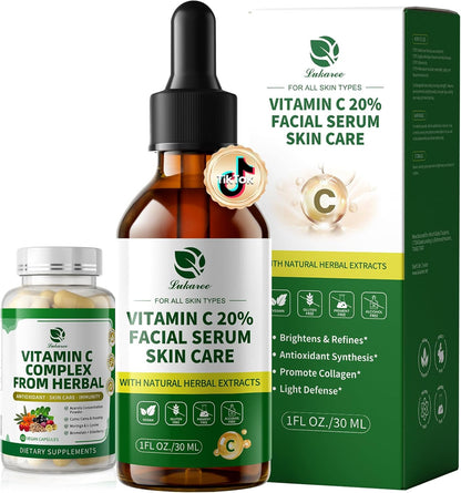 Lukaree Vitamin C Serum for Face, Dark Spots, Fine Lines & Support Collagen | Vitamin C Serum 20% Brightening Face Serum with Sodium Hyaluronate - All Skin Types, Plus Vit C Caps, 1 Fl Oz + 60 Caps