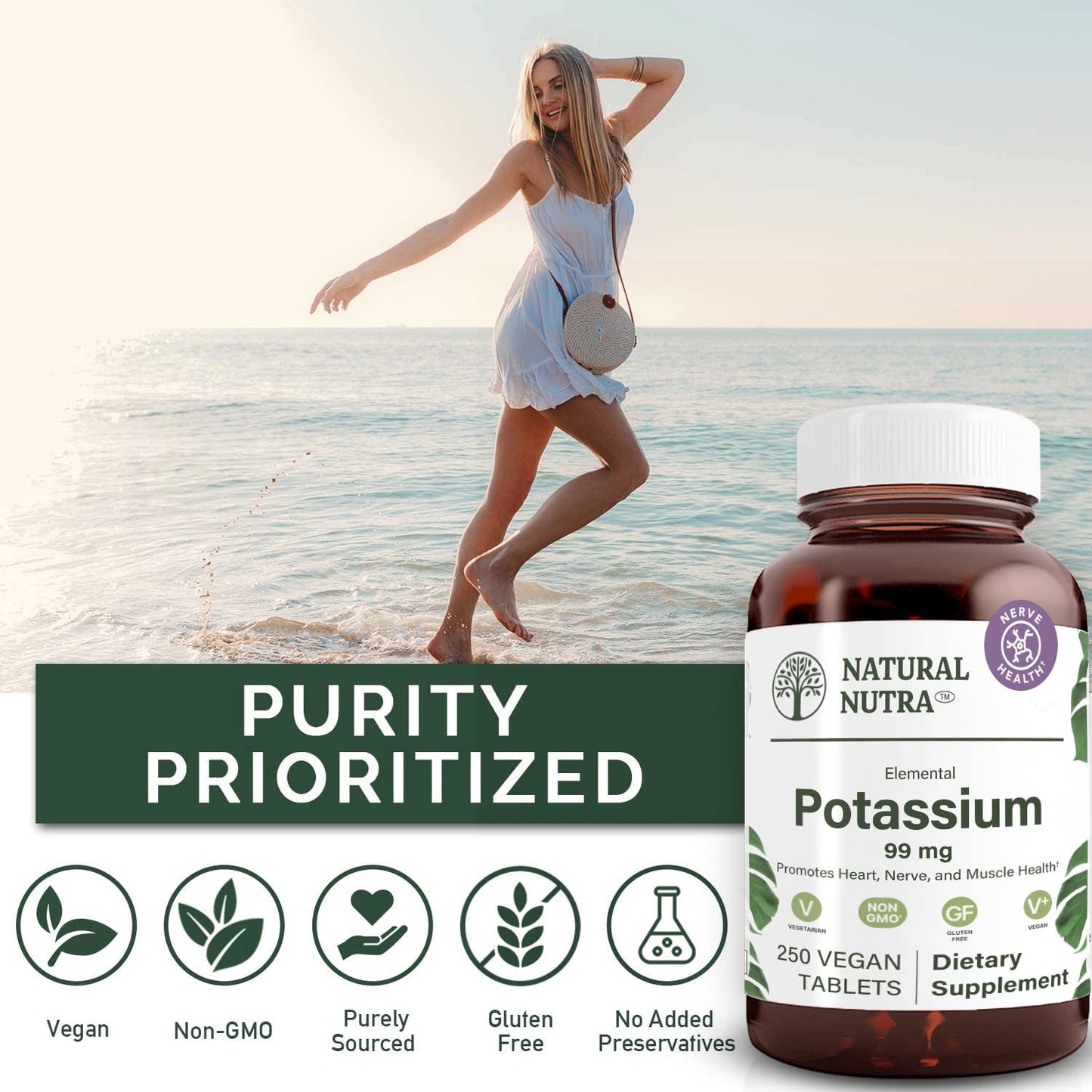 Natural Nutra Elemental Potassium Gluconate 99 mg Dietary Supplement – Promotes Energy, Helps Boost Nervous System, Promotes Heart Health, Mineral Regulation, Muscle Function - 100 Vegan Tablets