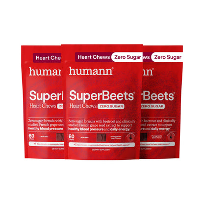 HumanN SuperBeets Heart Chews Zero Sugar, Beet Root Supplement, Energy, Nitric Oxide and Blood Pressure Support, Grape Seed Extract & Non-GMO, Heart Health, Pomegranate Berry Flavor, 60 Count
