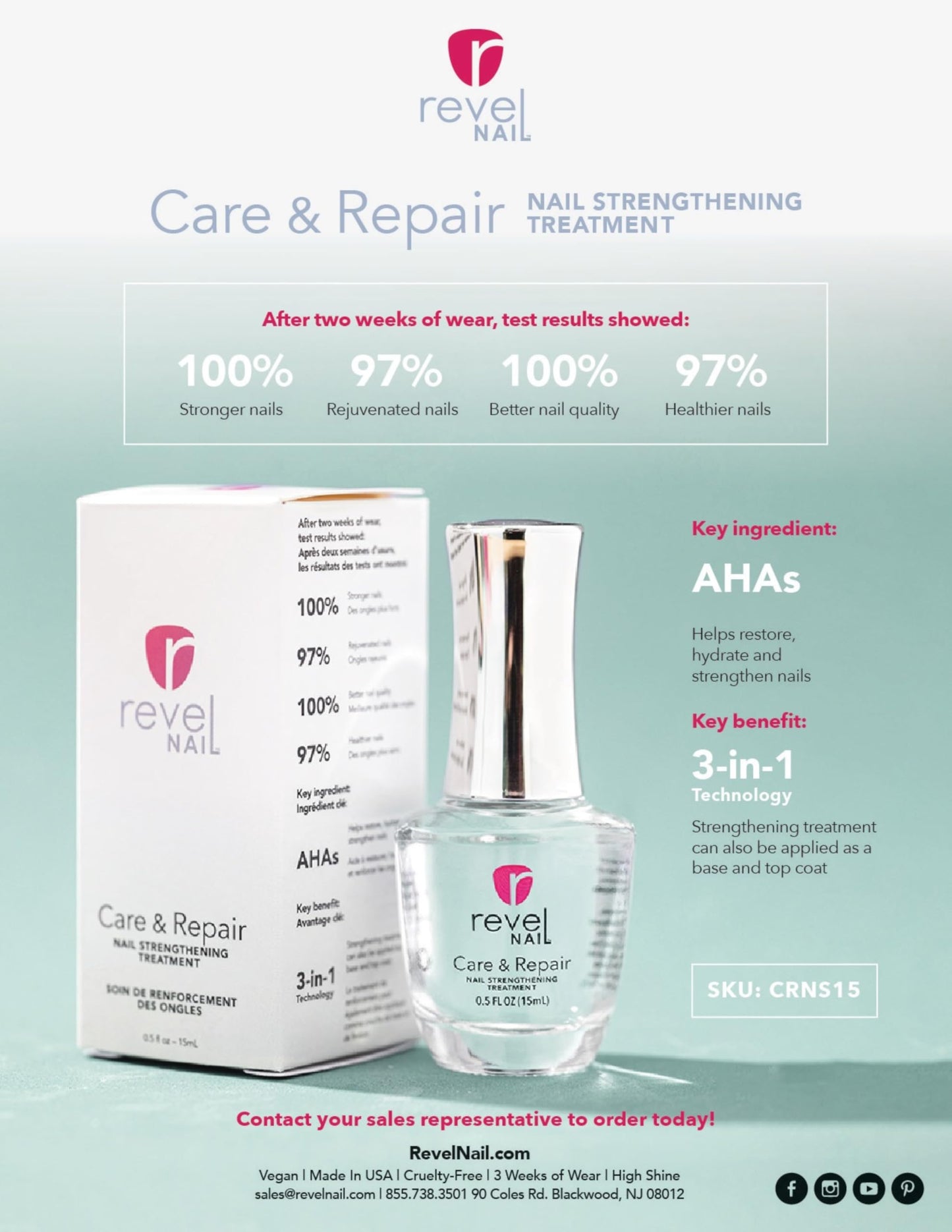 Revel Nail Care & Repair Strengthener, Clear Formula with AHA, Calcium & Vitamin E for Weak, Brittle or Peeling, Made in USA
