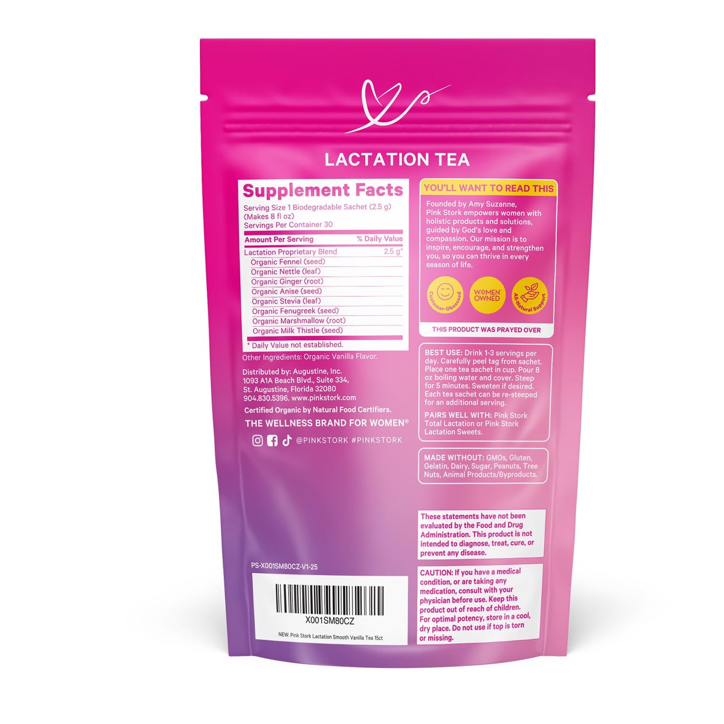 Pink Stork Organic Lactation Tea – Fenugreek, Fennel, Milk Thistle + More – Support for Breastfeeding, Pumping, Hydration, Milk Flow – Smooth Vanilla – 15 Sachets, Caffeine-Free