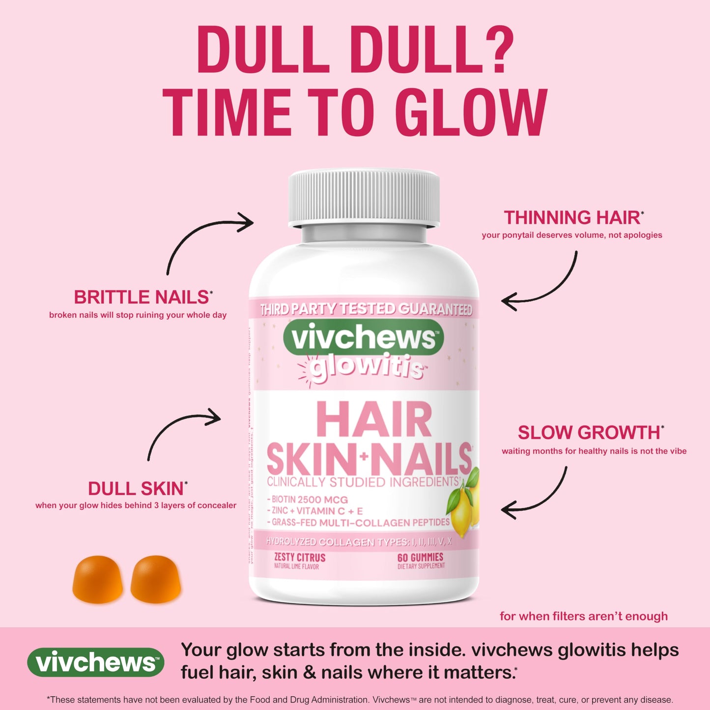 vivchews Glowitis Hair, Skin & Nails Gummies for Thick Hair, Strong Nails & Healthy Skin with Hydrolyzed Multi-Collagen Peptides, Biotin, Zinc, Vitamins C & E