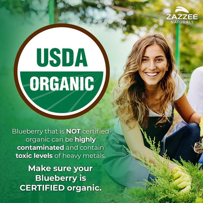 Zazzee USDA Organic Blueberry 10:1 Extract, 120 Vegan Capsules, 4 Month Supply, Whole Fruit, Vaccinium Angustifolium, Antioxidant & Cellular Health Support, Herbal Supplement, Non-GMO, Made in the USA