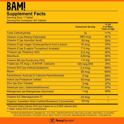NovaFerrum BAM Chewable Multivitamin for Kids & Adults Ages 4 and Above - Fruit Blast Flavor - 60 Chewable Tablets - with Vitamins A, C, D, E, B6, B12, Biotin, Zinc, Selenium & Manganese