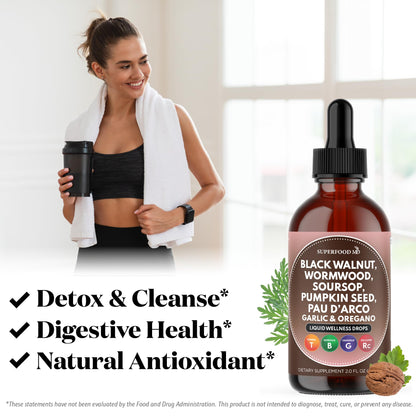 Wormwood Black Walnut Cleanse for Humans Drops Liquid Soursop Garlic Pumpkin Seed PAU D'Arco Oil of Oregano Turmeric Berberine Neem Extract Hull Bark Tincture - 4 oz