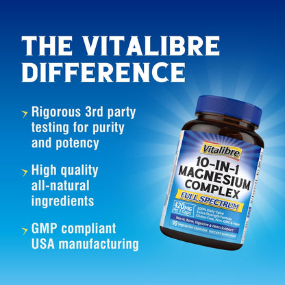Vitalibre 10 in 1 Magnesium Complex, 420mg Elemental Magnesium 120 Capsules | Ultra Strength, Max Absorption | Chelated Magnesium Supplement for Women Men Nerves, Bone & Heart Health | Non-GMO