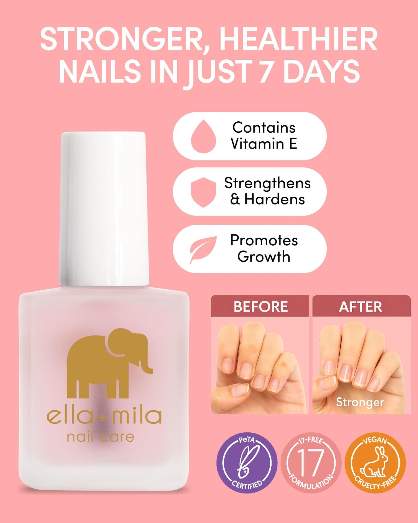 ella+mila Nail Strengthener and Growth Treatment - First Aid Kiss Nail Hardener for Damaged Brittle Thin Nails