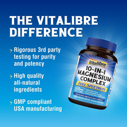 Vitalibre 10 in 1 Magnesium Complex, 420mg Elemental Magnesium 120 Capsules | Ultra Strength, Max Absorption | Chelated Magnesium Supplement for Women Men Nerves, Bone & Heart Health | Non-GMO