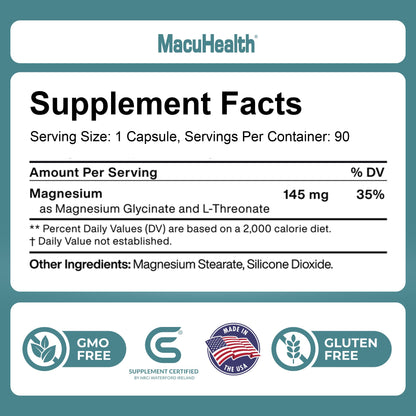 MacuHealth Magnesium Glycinate & L-Threonate 145mg - 90 Capsules - Highly Absorbable Magnesium for Energy, Calm & Focus - Gentle on Stomach, Vegan, Non-GMO - Premium Chelated Magnesium Supplement MacuhealthBuy Supplements Australia