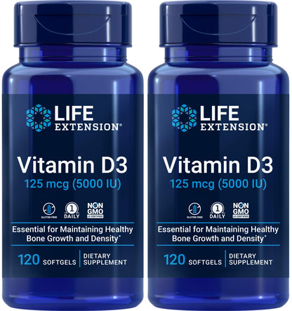 Life Extension Vitamin D3 5000 IU, 120 Softgels, 125mcg | 1 per day formula, Non-GMO and Gluten Free