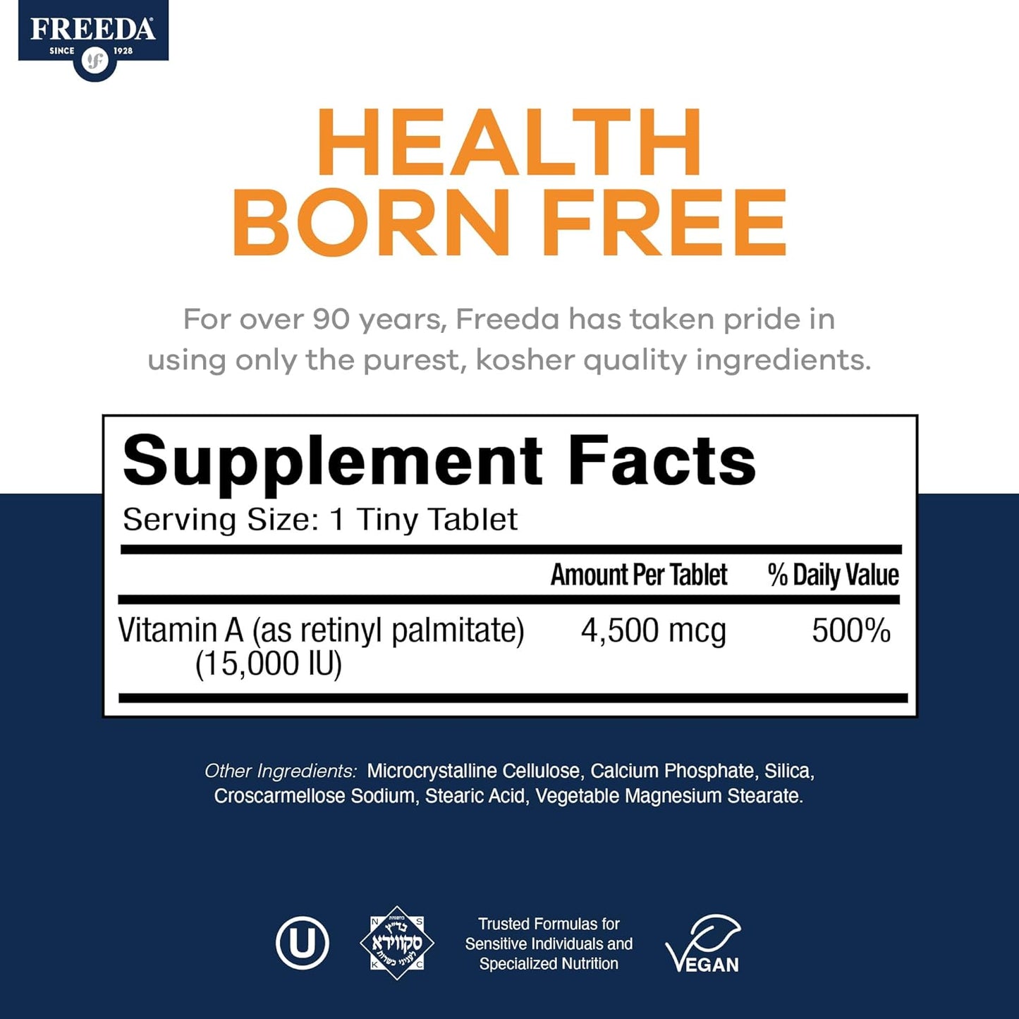FREEDA Vitamin A 15,000 IU – Retinyl Palmitate – Vegan, Kosher, No Fish – Eye, Vision, Immune & Skin Support – Tiny Easy-to-Swallow Tablets – VIT A Vitamina A Supplement – 250 Tablets | Supports Healthy Vision, Skin, and Immune Function – Highly Absorbabl