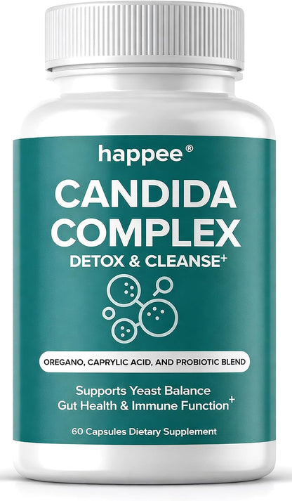 Happee Candida Complex Supplement – Candida Cleanse for Overgrowth Support – Caprylic Acid, Oregano & Probiotics for Yeast Balance, Gut & Immune Support – 60 Caps