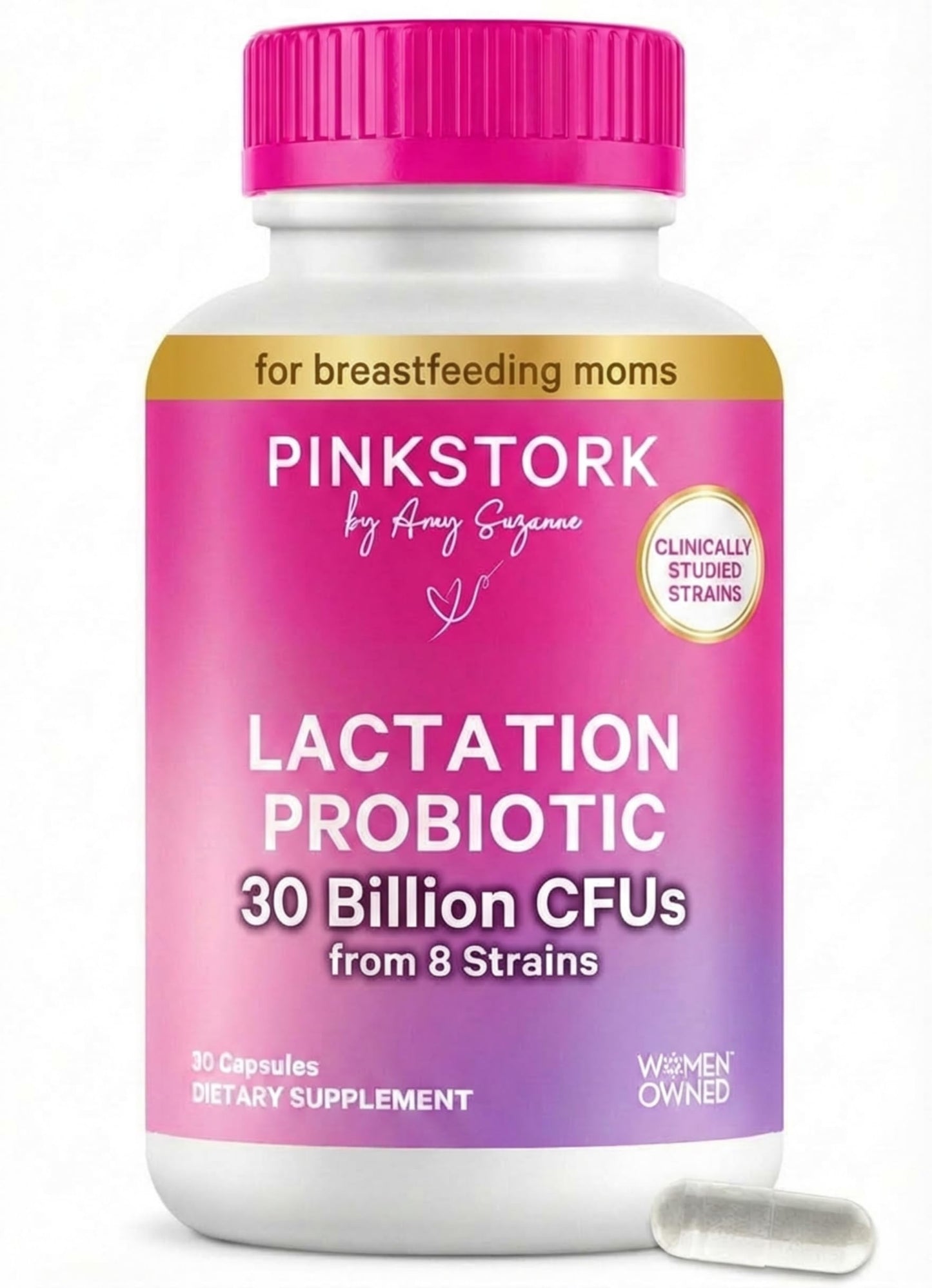 Pink Stork Lactation Probiotic, 30 Billion CFUs, 30 Capsules | Multi Strain Postnatal Probiotics for Breastfeeding Women, Support Breast Milk & Gut Health, Postpartum Essentials