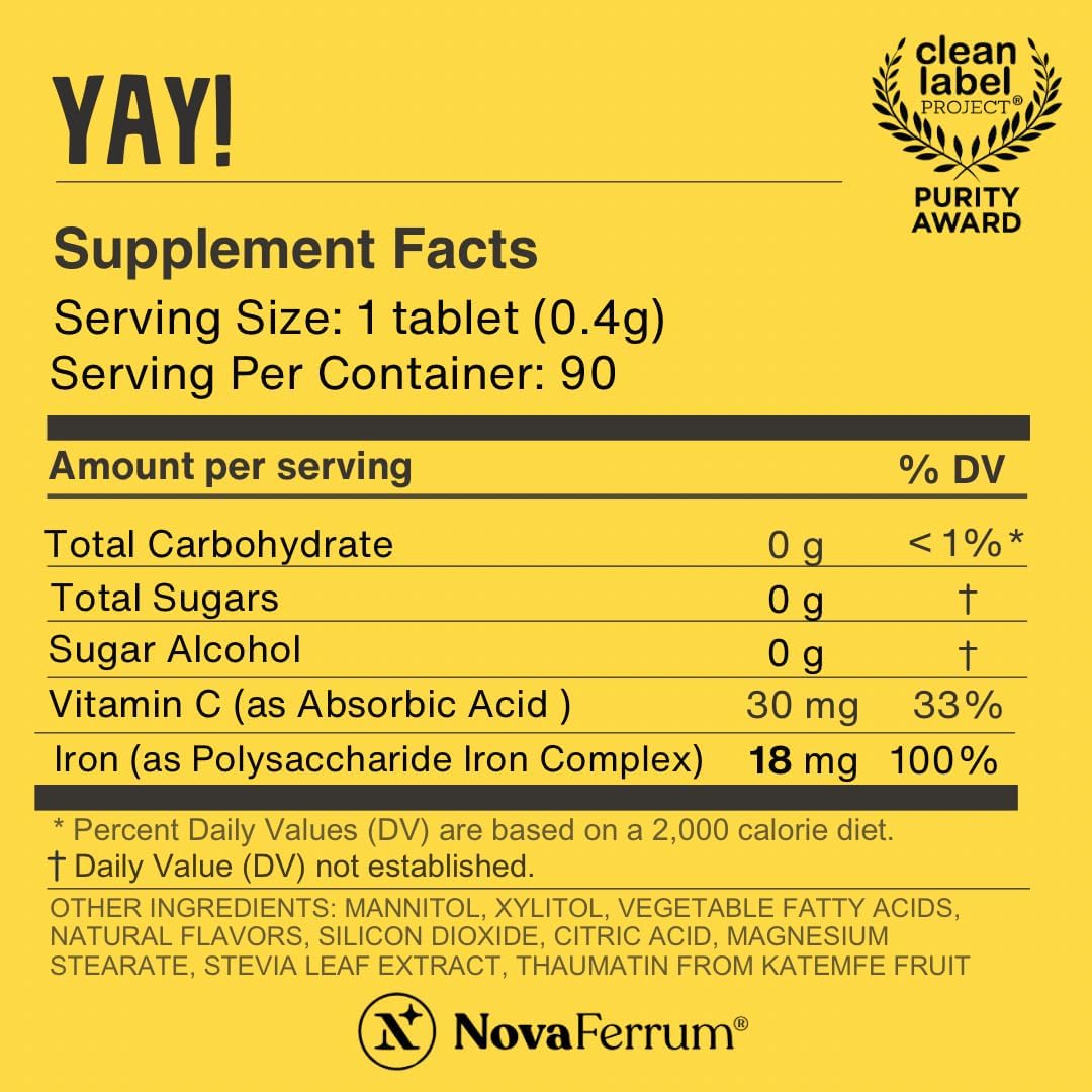 NovaFerrum Yay | Chewable Iron Supplement for Kids & Adults Ages 4 and Over | 18mg of Iron | 90 Servings | Sugar Free | Vegan | Gluten Free | Orange Flavor | For Ages 4+ | Sugar Free, Vegan, Gluten Free Certified | Orange Flavor | 90 Servings