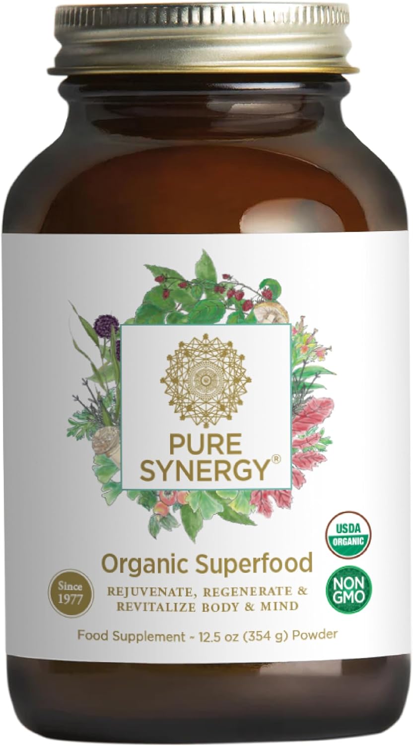 PURE SYNERGY Organic Superfood Powder | Green Superfood Powder | Whole Food Supplement with Organic Greens, Spirulina and Mushrooms | for Energy, Healthy Aging, and Immune Health (12.5 oz)