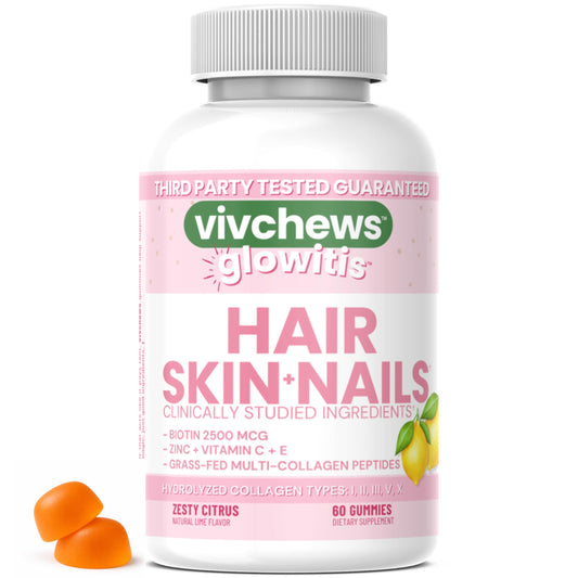 vivchews Glowitis Hair, Skin & Nails Gummies for Thick Hair, Strong Nails & Healthy Skin with Hydrolyzed Multi-Collagen Peptides, Biotin, Zinc, Vitamins C & E