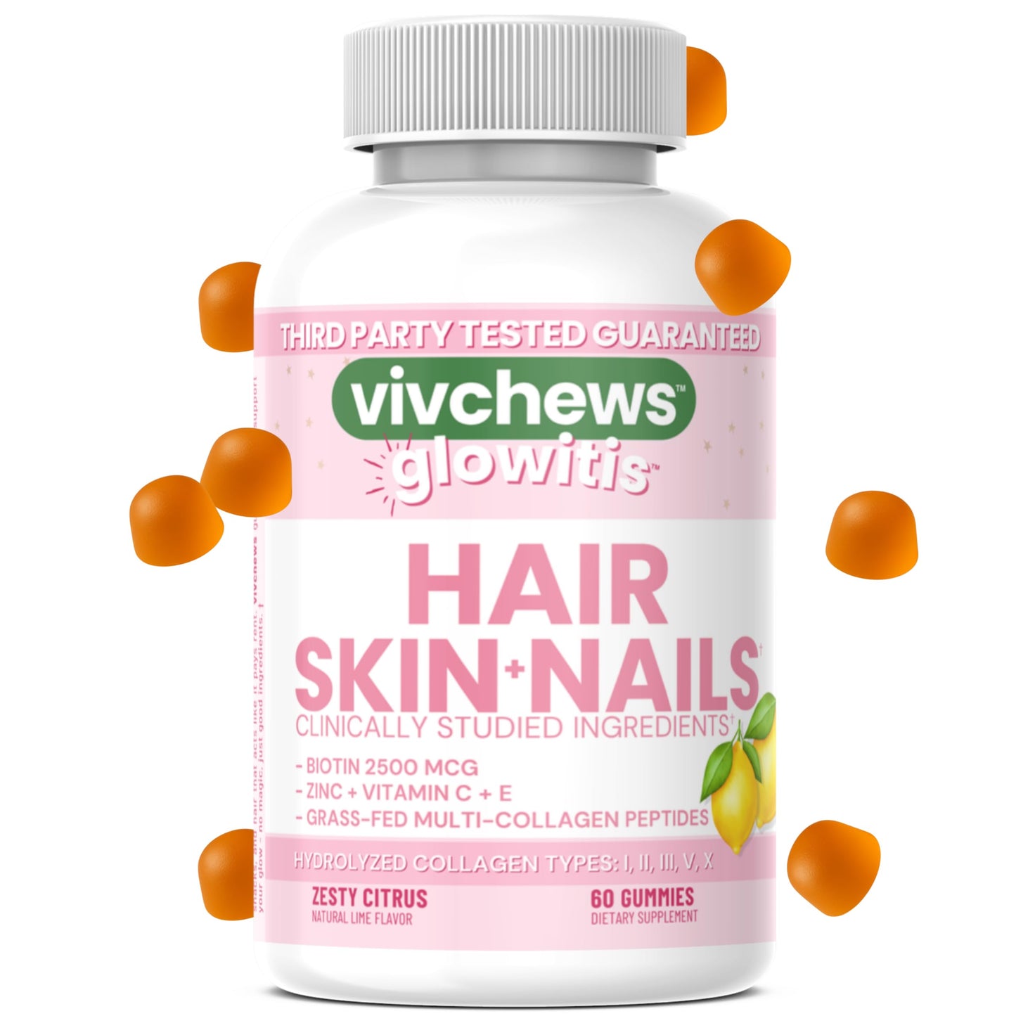 vivchews Glowitis Hair, Skin & Nails Gummies for Thick Hair, Strong Nails & Healthy Skin with Hydrolyzed Multi-Collagen Peptides, Biotin, Zinc, Vitamins C & E