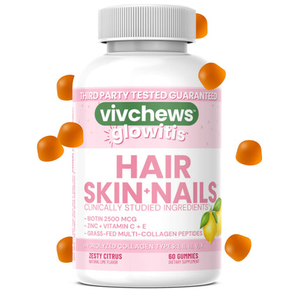 vivchews Glowitis Hair, Skin & Nails Gummies for Thick Hair, Strong Nails & Healthy Skin with Hydrolyzed Multi-Collagen Peptides, Biotin, Zinc, Vitamins C & E