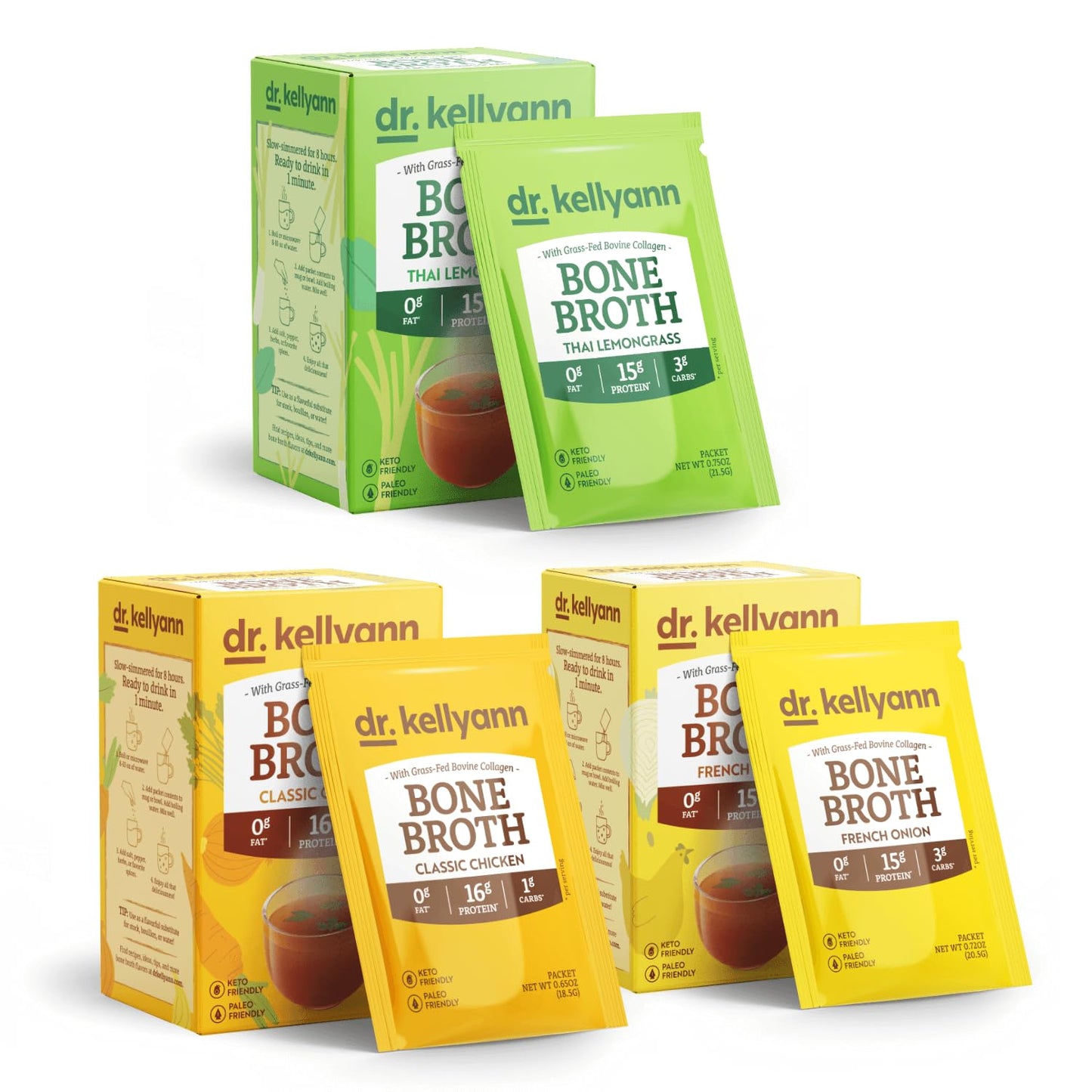 Dr. Kellyann Bone Broth Packets Variety Pack (3 Boxes, 21 Servings) – Classic Chicken, Thai Lemongrass & French Onion