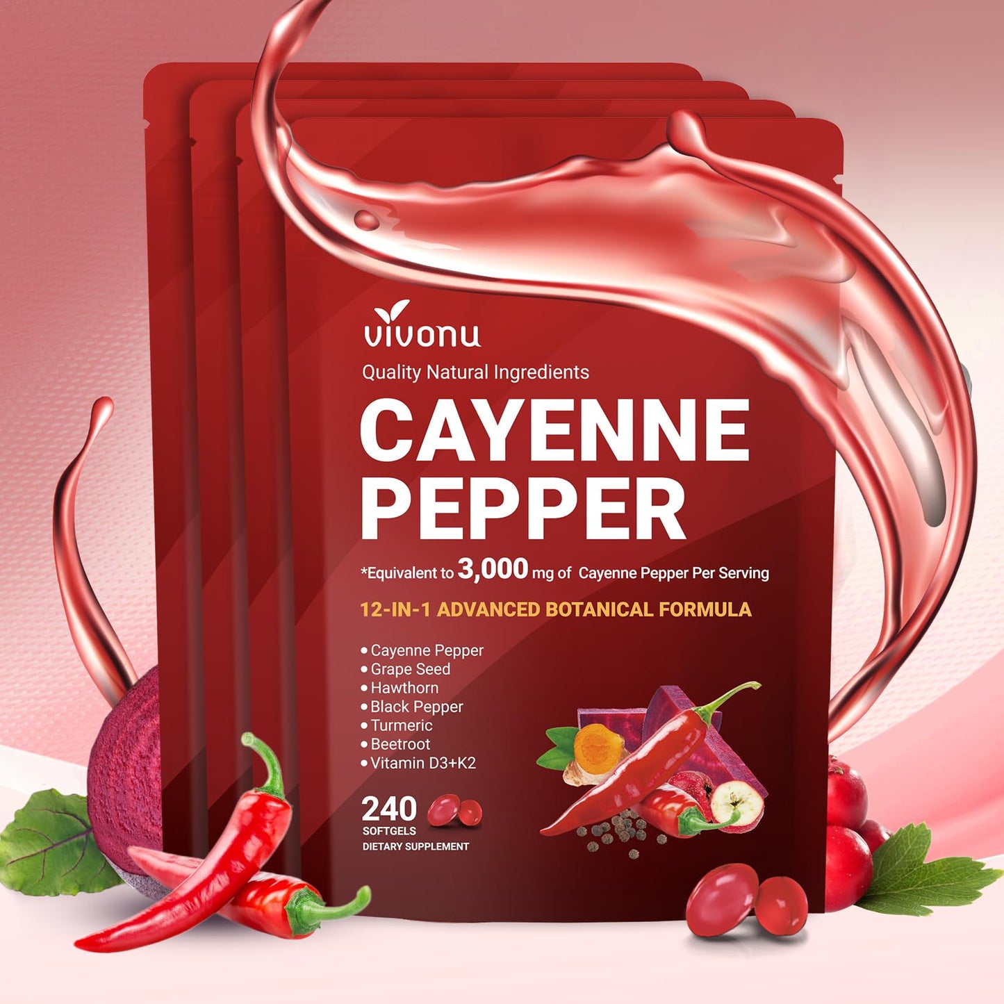 VivoNu Cayenne Pepper Softgels Supplement, Supports Leg Vein, Heart and Blood Vessel Health, with Vitamin E D3+K2 and Extracts of Grape Seed, Hawthorn, Beetroot, Berberine (Softgel / 1 Bag)