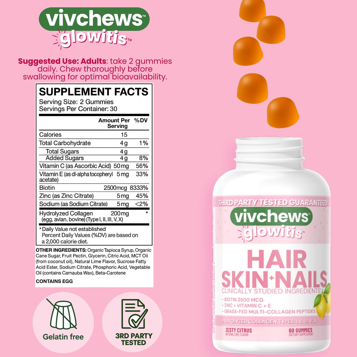 vivchews Glowitis Hair, Skin & Nails Gummies for Thick Hair, Strong Nails & Healthy Skin with Hydrolyzed Multi-Collagen Peptides, Biotin, Zinc, Vitamins C & E
