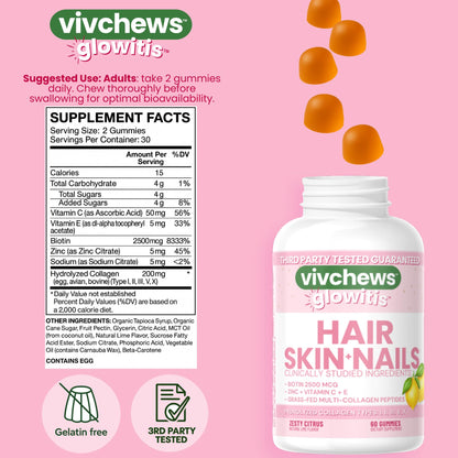 vivchews Glowitis Hair, Skin & Nails Gummies for Thick Hair, Strong Nails & Healthy Skin with Hydrolyzed Multi-Collagen Peptides, Biotin, Zinc, Vitamins C & E