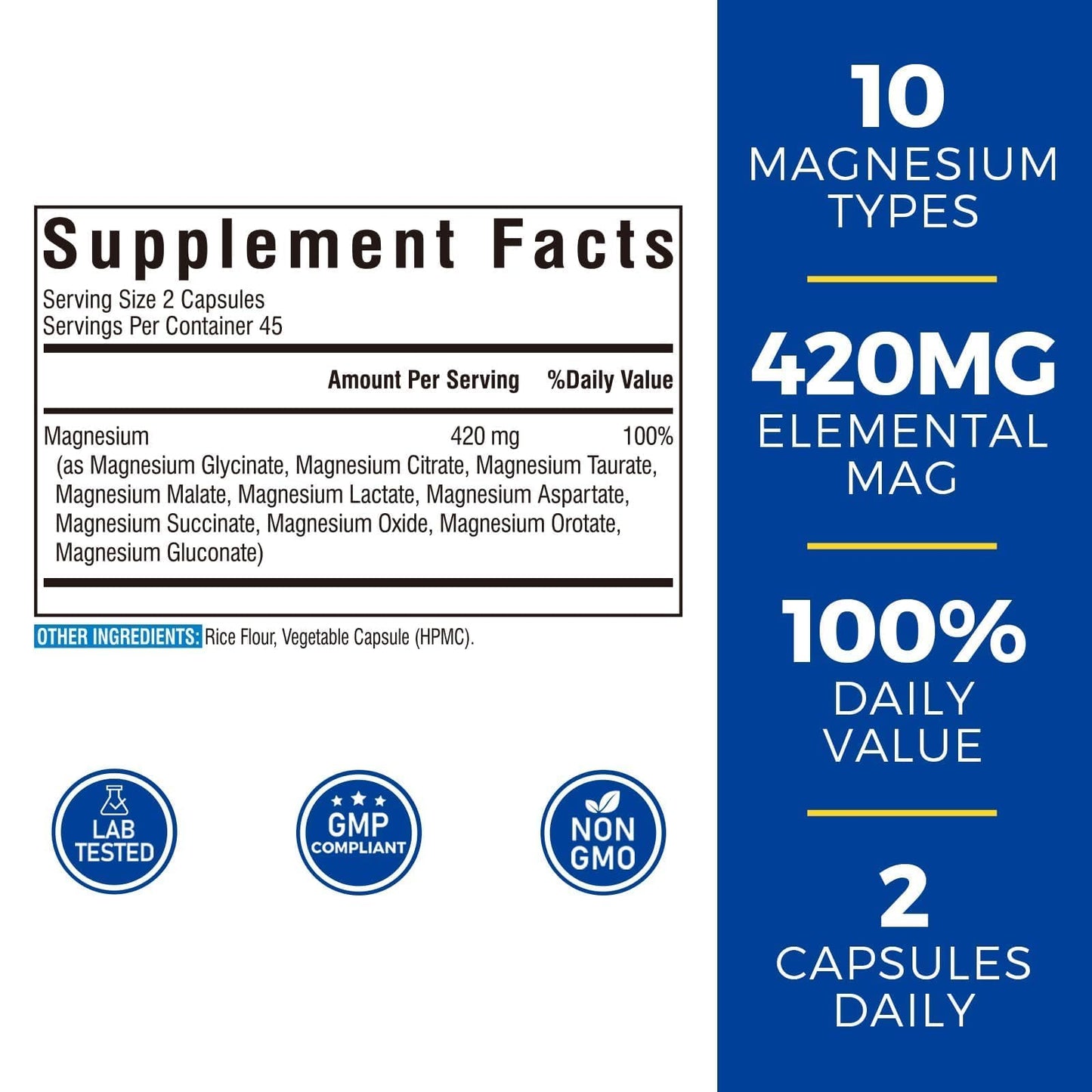 Vitalibre 10 in 1 Magnesium Complex, 420mg Elemental Magnesium 120 Capsules | Ultra Strength, Max Absorption | Chelated Magnesium Supplement for Women Men Nerves, Bone & Heart Health | Non-GMO