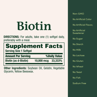 Nature's Bounty Biotin Hair Skin and Nails Vitamins, Supports Healthy Hair, Skin and Nails, 10,000 mcg, 120 Softgels (Pack of 1)