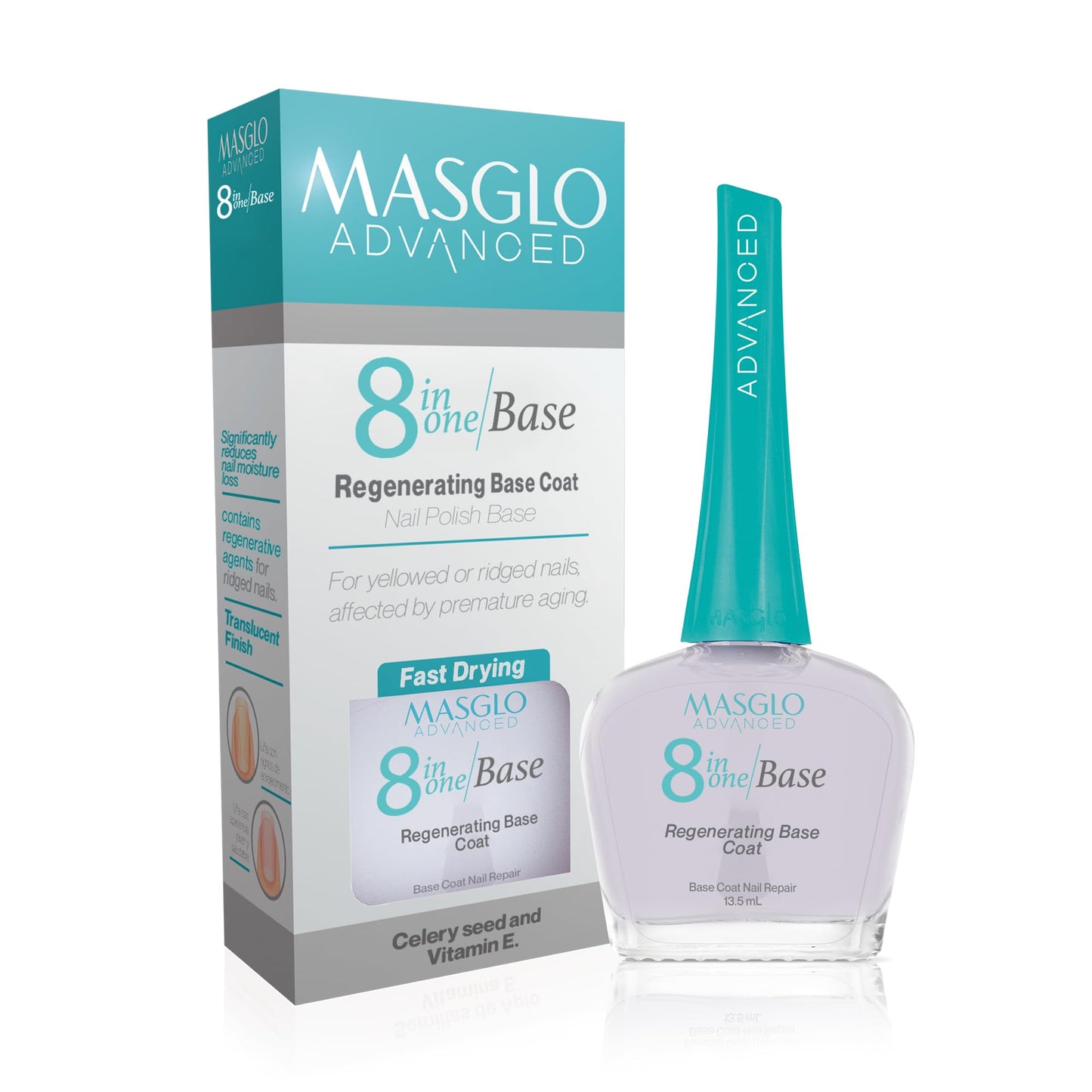 MASGLO 8-in-1 Nail Regenerator Base, Anti-Aging Strengthening Treatment, Hydrating Keratin Booster with Celery Seed Actives, Antioxidant Vitamin E,