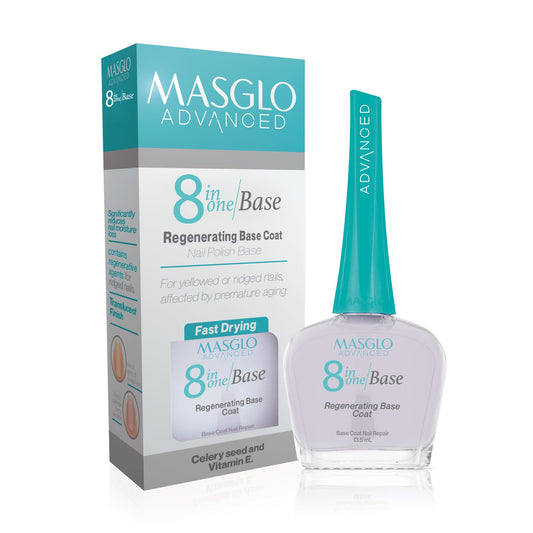MASGLO 8-in-1 Nail Regenerator Base, Anti-Aging Strengthening Treatment, Hydrating Keratin Booster with Celery Seed Actives, Antioxidant Vitamin E,