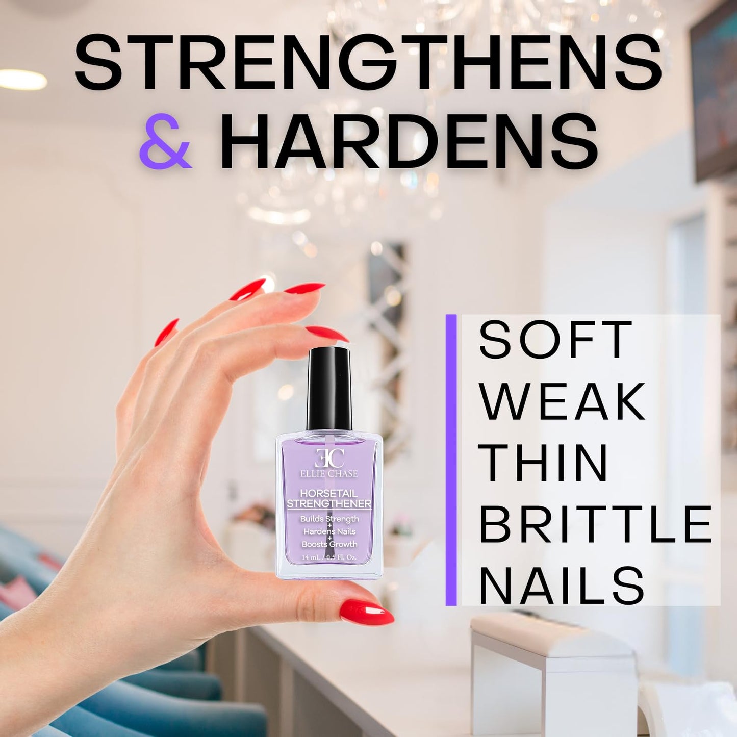 Ellie Chase Horsetail Nail Strengthener, Growth, Hardener, Repair Treatment Polish 0.5 OZ/Help Splits, Breaks, Thin, Weak, Chipped, Damaged, Cracked,