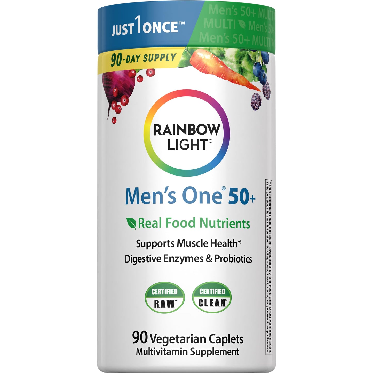 Rainbow Light Mens Multivitamin One + for 50 Plus | 150 Caplets | Supports Muscle Health | with Vitamins C, D, and Zinc | Real Food Nutrients, Digestive Enzymes & Probiotics