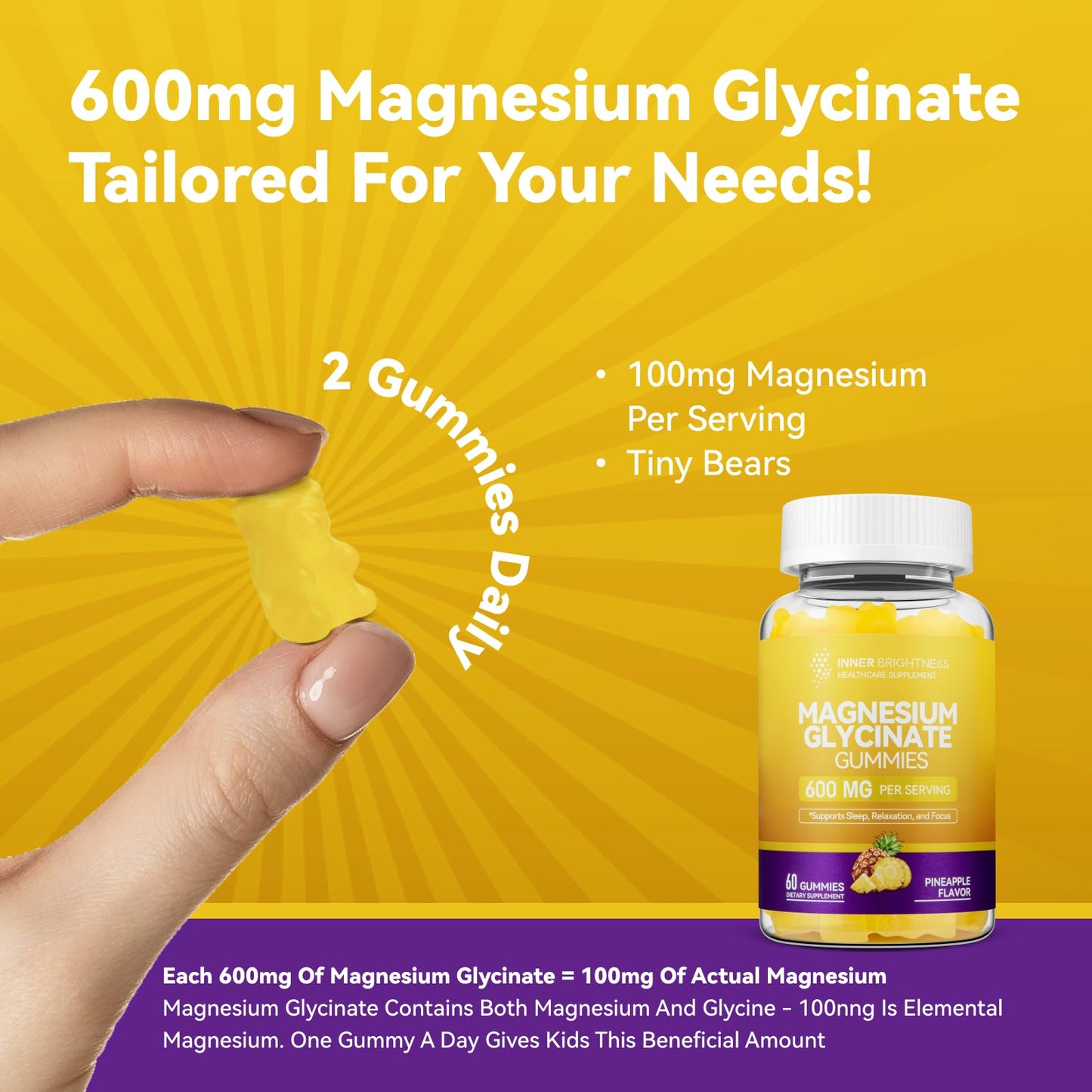 Magnesium Glycinate Gummies 600mg, Non-GMO, Gluten-Free, Magnesium Gummies for Adults & Kids, Sleep, Relaxation & Focus