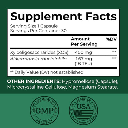 Akkermansia Muciniphila Supplement With Prebiotics, 30 Capsules | 1 Billion CFU With XOS Prebiotic - Supports Gut Health, Mirobiome Balance & Digestive Health - Gluten Free