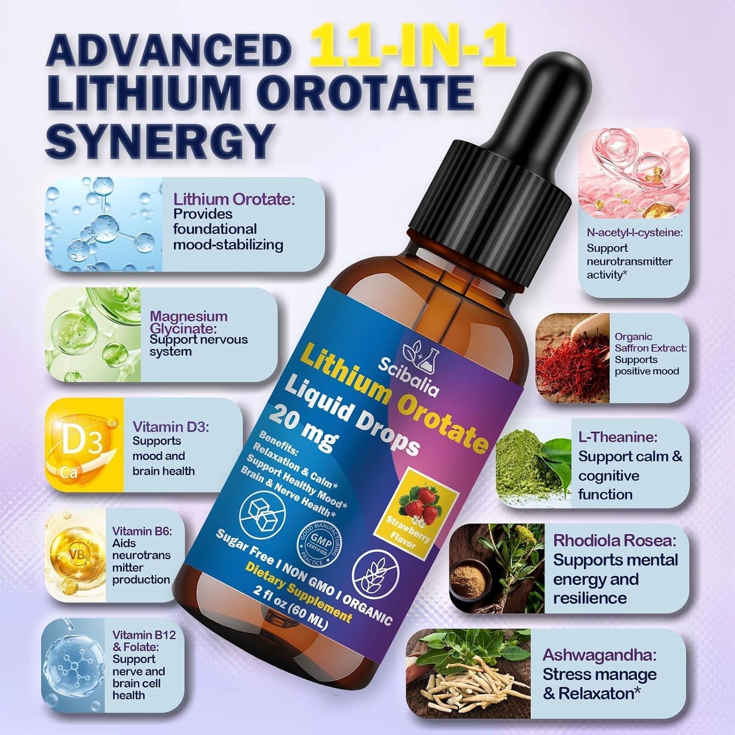 2 Pack Lithium Orotate Liquid Drops 20mg, Potency 11-in-1 Lithium Supplement w. NAC Magnesium Ashwagandha Theanine Vitamin D3 B6 B12 for Memory Brain Mood Cognitive Support