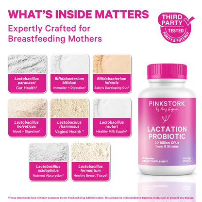 Pink Stork Lactation Probiotic, 30 Billion CFUs, 30 Capsules | Multi Strain Postnatal Probiotics for Breastfeeding Women, Support Breast Milk & Gut Health, Postpartum Essentials