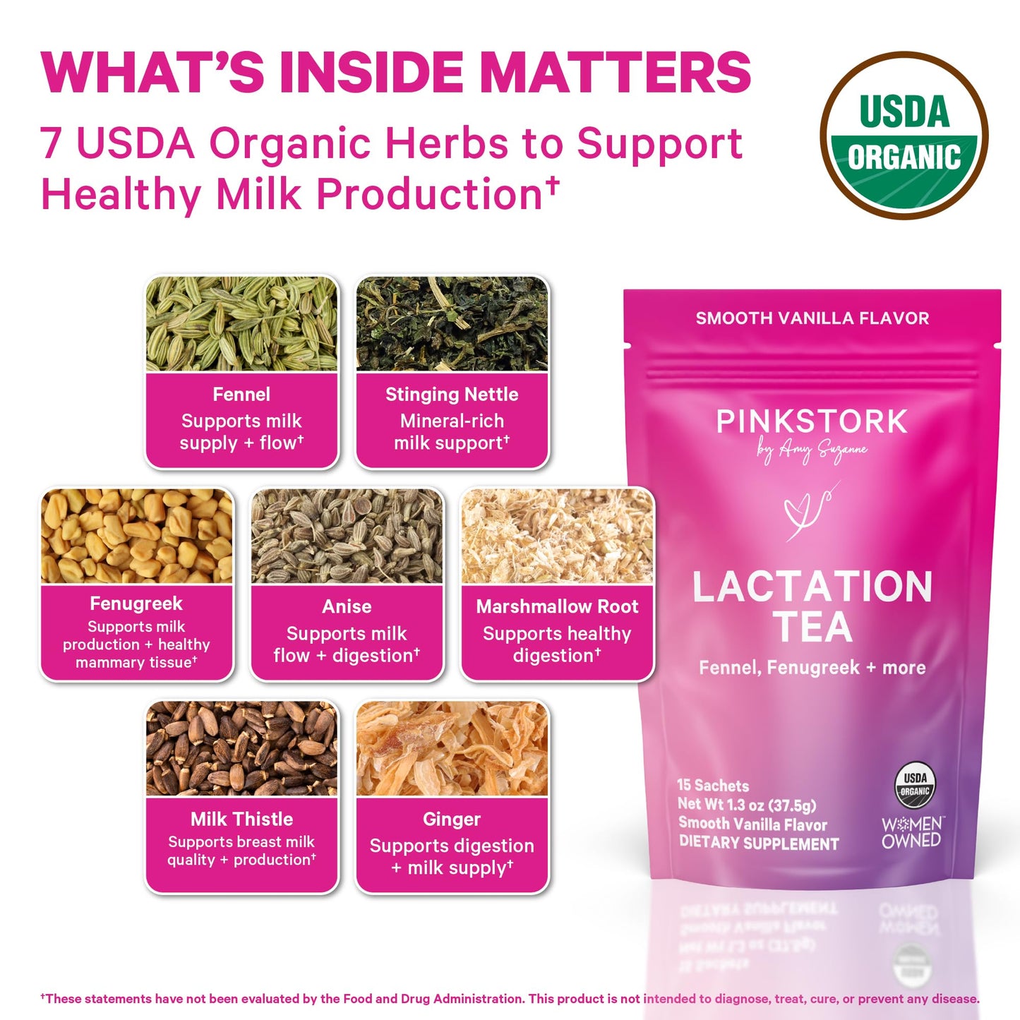 Pink Stork Organic Lactation Tea – Fenugreek, Fennel, Milk Thistle + More – Support for Breastfeeding, Pumping, Hydration, Milk Flow – Smooth Vanilla – 15 Sachets, Caffeine-Free