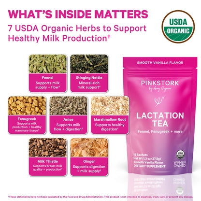 Pink Stork Organic Lactation Tea – Fenugreek, Fennel, Milk Thistle + More – Support for Breastfeeding, Pumping, Hydration, Milk Flow – Smooth Vanilla – 15 Sachets, Caffeine-Free