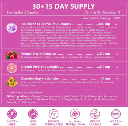 NATURE TARGET Probiotics for Women, 100 Billion CFU, 90 Veggie Capsules | Prebiotics & Enzymes Support Digestive Health & Gut Balance, With Cranberry For Vaginal & Urinary Tract Health, Shelf-Stable