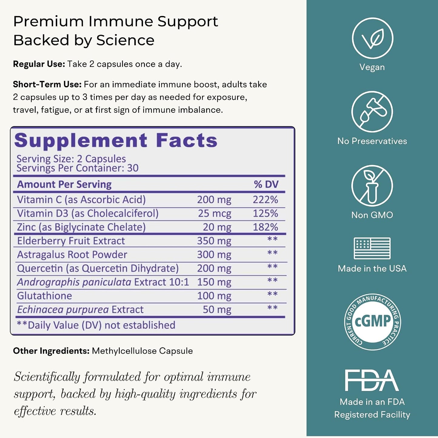 Immune Support Supplement with Vitamin C and Zinc, Sambucus Elderberry, Vitamin D3, Glutathione, Echinacea Capsules - Natural Immune Booster Herbal Supplements - Vegan, Gluten-Free (60ct)