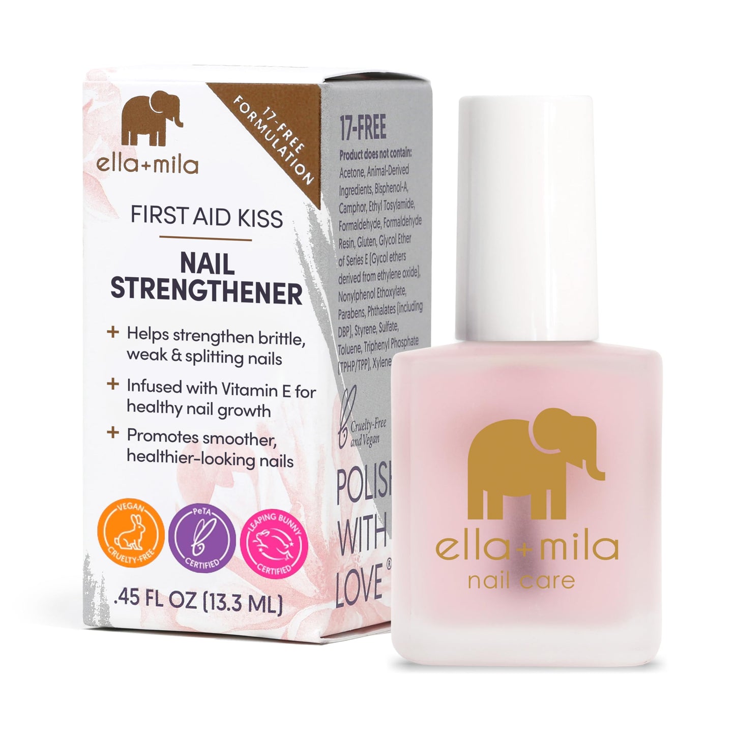 ella+mila Nail Strengthener and Growth Treatment - First Aid Kiss Nail Hardener for Damaged Brittle Thin Nails