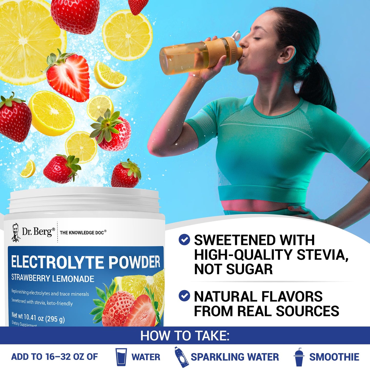 Dr. Berg Zero Sugar Hydration Keto Electrolyte Powder - Enhanced w/ 1000 mg of Potassium & Real Pink Himalayan Salt (NOT Table Salt) - Strawberry Lemonade