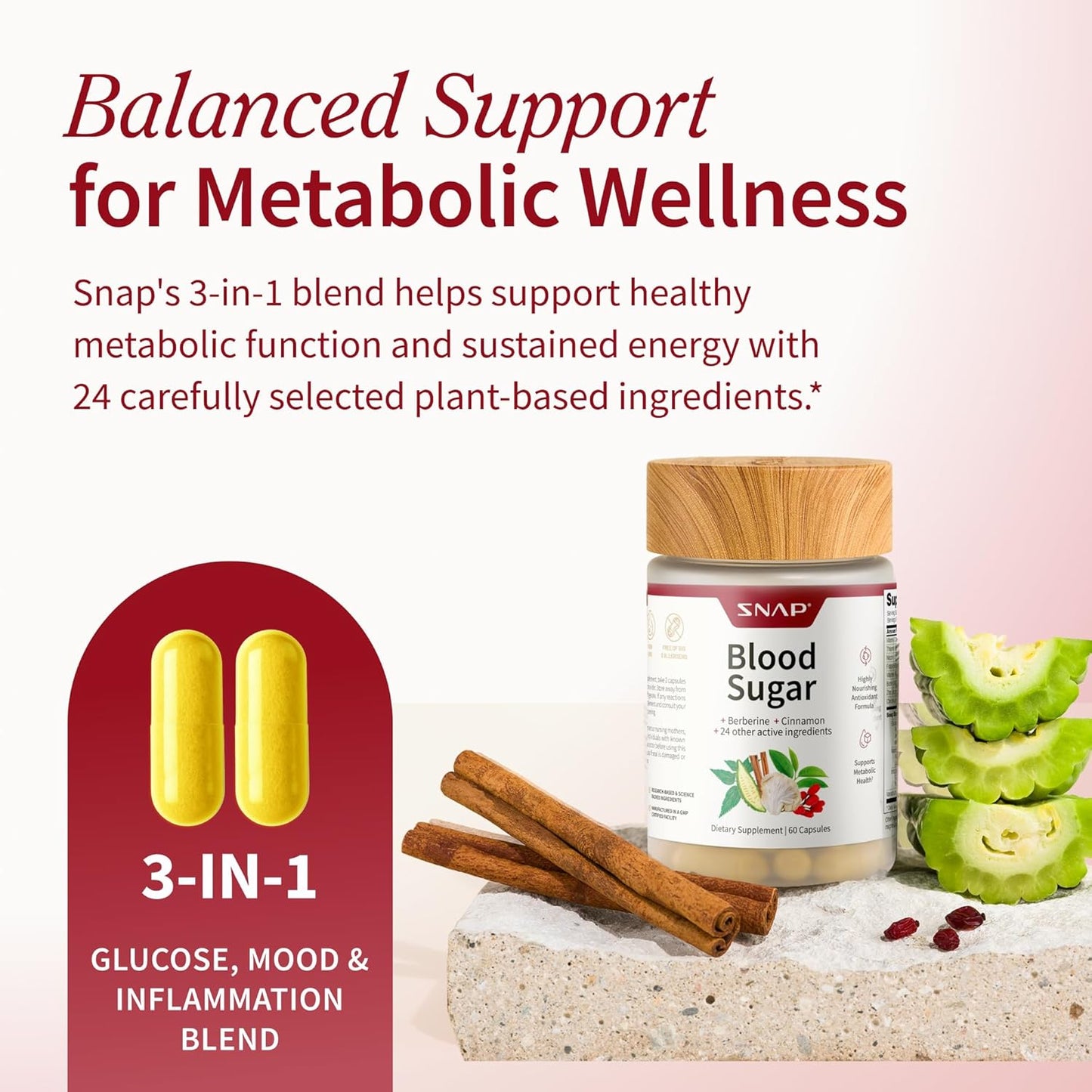 Snap Supplements Blood Sugar Blend with Berberine, CoQ10, 60 Vegan Capsules | Support Already Healthy Blood Sugar, Metabolic Health and Energy, Sugar Free, with CoQ10, Cinnamon (Packaging May Vary)