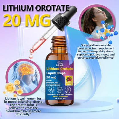 2 Pack Lithium Orotate Liquid Drops 20mg, Potency 11-in-1 Lithium Supplement w. NAC Magnesium Ashwagandha Theanine Vitamin D3 B6 B12 for Memory Brain Mood Cognitive Support